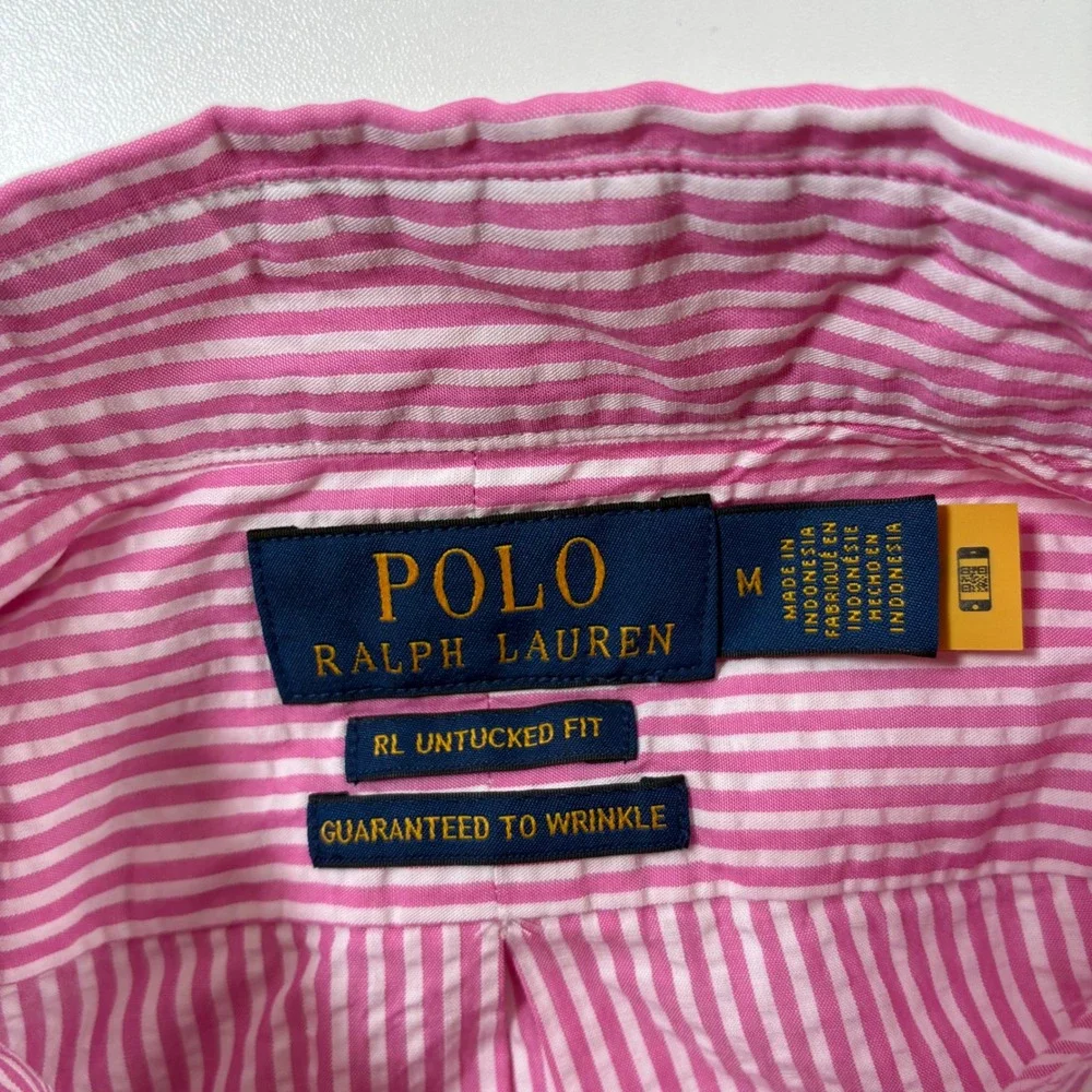 NEW Polo Ralph Lauren Seersucker Shirt Medium Pink Striped RL Untucked Fit
